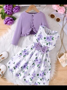 2pcs Set Lilac Floral Bow Dress with Lilac Cardigan - Kids